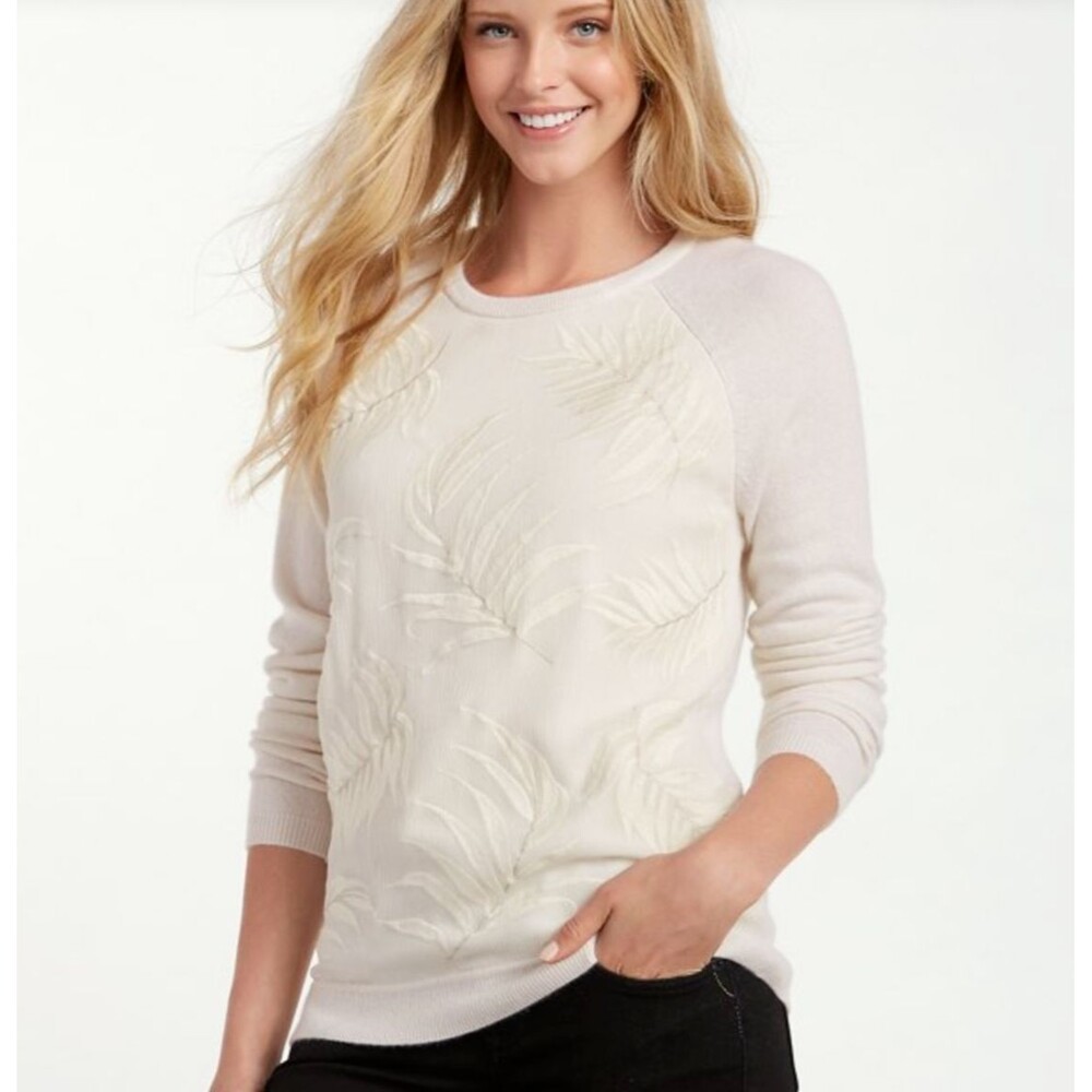 Tommy Bahama Womens Cashmere Sweater Medium Silk Front Cream Fronds Falling Palm